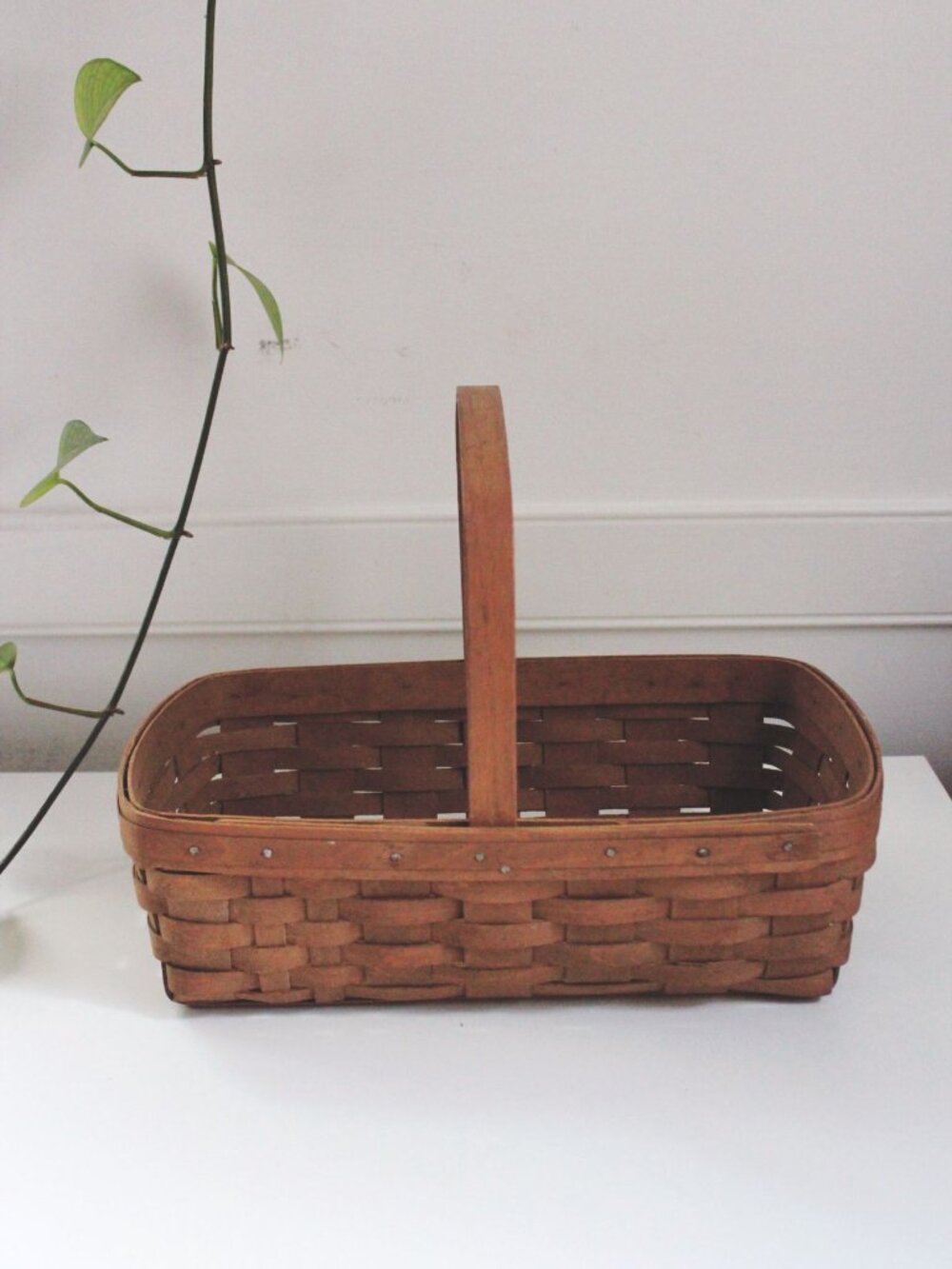 Vintage Longaberger Handwoven Basket 1985 With Handle Rectangular Wood Home Deco